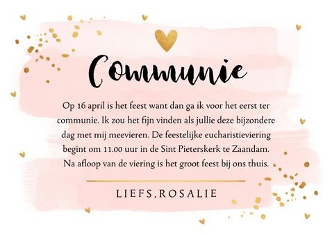 Communiekaart waterverf roze gouden confetti 3