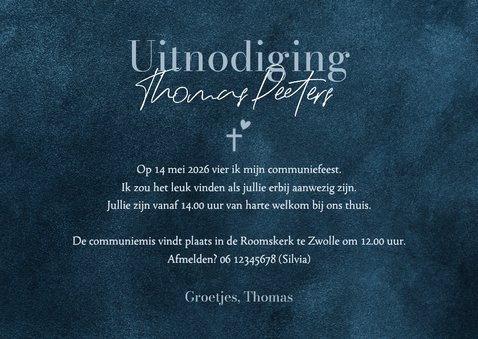 Communiekaartje blauw stijlvol kruisje holografisch folie 3