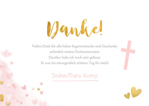 Danksagung zur Kommunion Wasserfarbe & Goldlook rosa 3