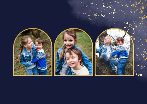 Donkerblauwe waterverf kerstkaart met fotocollage 2