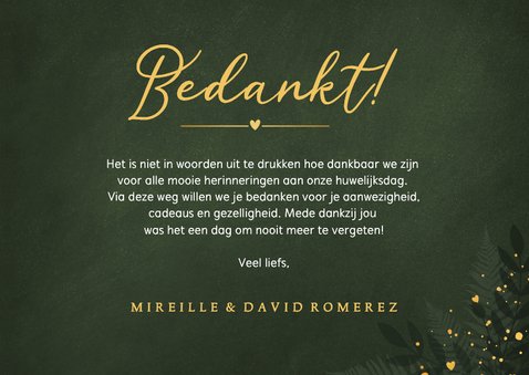 Donkergroene bedankkaart huwelijk met 3 foto's en goudfolie 3