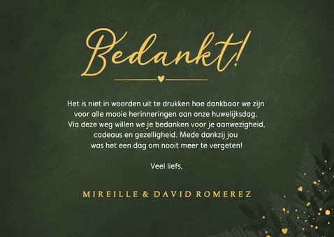 Donkergroene bedankkaart huwelijk met 3 foto's en goudfolie 3