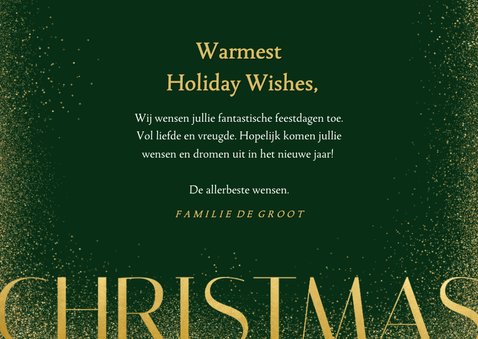 Donkergroene foto kerstkaart met goudlook tekst en glitters 3