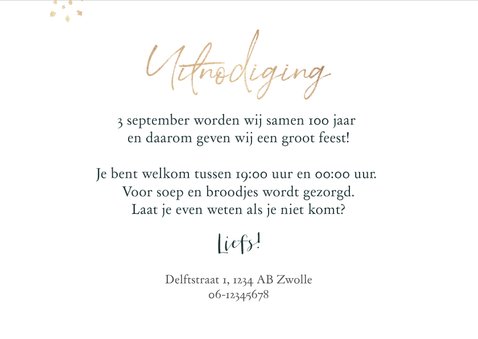Dubbel feest uitnodiging samen 100 stijlvol goud foto 3