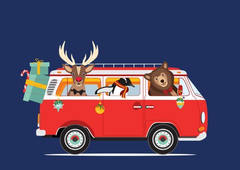 Een vrolijk Volkswagen busje vol kerst diertjes  3