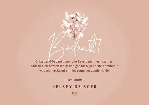 Eerste communie bedankkaart droogbloemen met foto roze 3