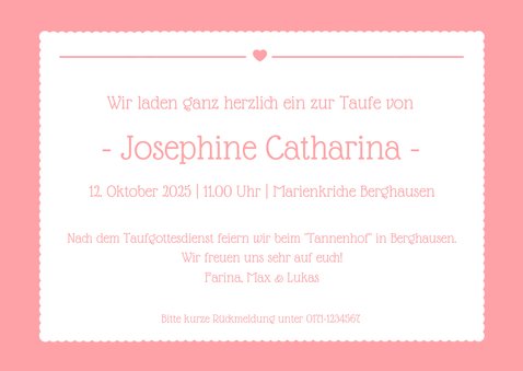 Eiladungskarte zur Taufe eigenes Foto rosa Herz 3