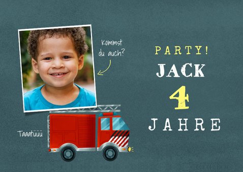 Einladung Kindergeburtstag Feuerwehrauto mit Foto 2