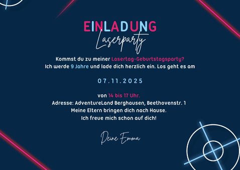 Einladung Kindergeburtstag Lasergame pink mit Foto 3