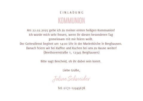 Einladung Kommunion rosa Herzen und Wasserfarbe 3