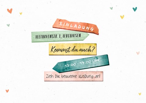 Einladung mit Wegweiser und bunten Herzen 2
