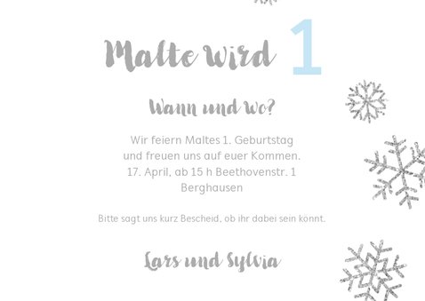 Einladung zum 1. Geburtstag Schneeflocken blau 3