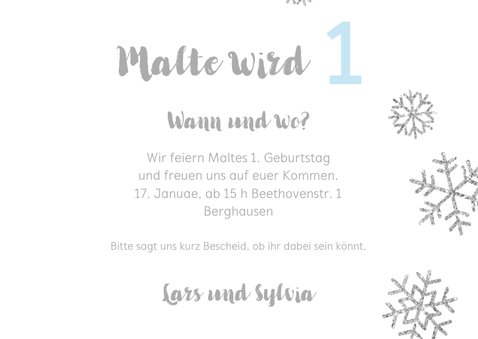 Einladung zum 1. Geburtstag Schneeflocken blau 3