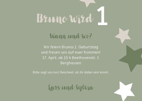 Einladung Zum 1 Geburtstag Sterne Olivgrun Kaartje2go