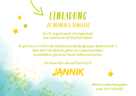 Einladung zur Einschulung Foto und Kleckse blaugrün 3