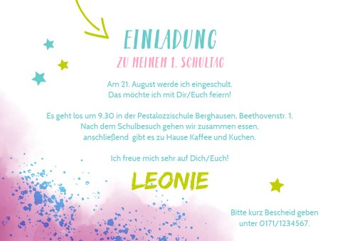 Einladung zur Einschulung Foto und Kleckse rosablau 3