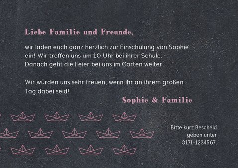 Einladung zur Einschulung Papierboote rosa Kreidetafel 3