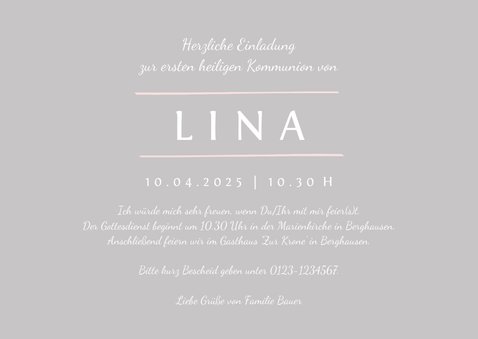 Einladung zur Kommunion rosa schlichte Eleganz mit Foto 3
