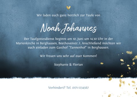 Einladungskarte Taufe Aquarell blau & Goldlook Foto innen 3