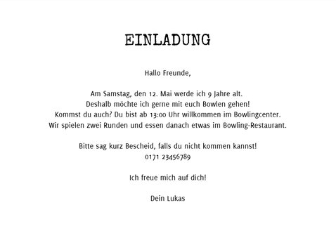 Einladungskarte zum Bowling Kindergeburtstag 3