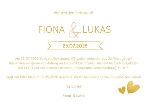 Einladungskarte zur Hochzeit im Goldlook mit Timeline 3
