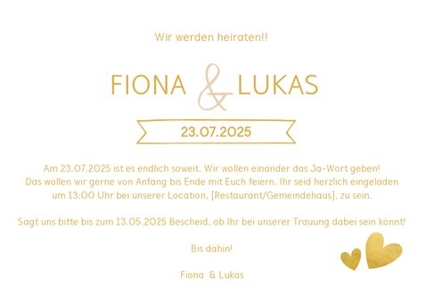 Einladungskarte zur Hochzeit im Goldlook mit Timeline 3