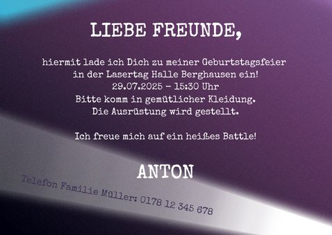 Einladungskarte zur Lasertag-Party mit Lettering 3