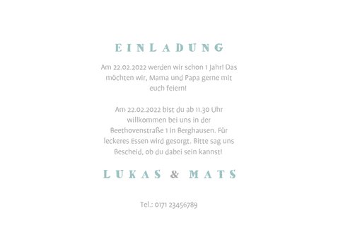 Einladungskarte Zwillinge blau Elefanten mit Luftballon 3