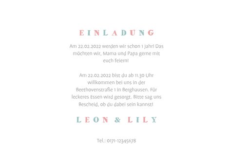 Einladungskarte Zwillinge blau-rosa Elefanten mit Luftballon 3