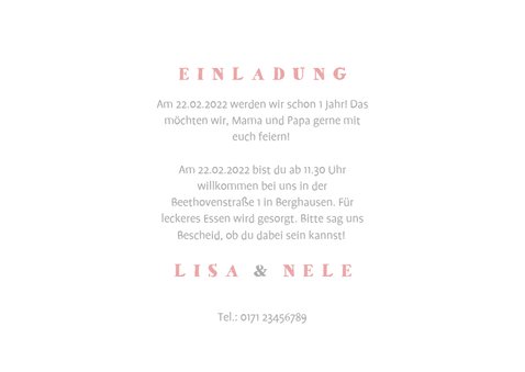 Einladungskarte Zwillinge rosa Elefanten mit Luftballon 3