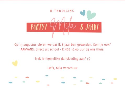 Feestelijke uitnodiging kinderfeestje met feestende hartjes 3