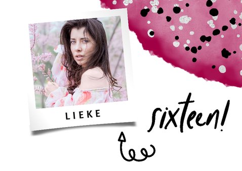 Feestelijke uitnodiging 'sixteen' met waterverf en spetters 2