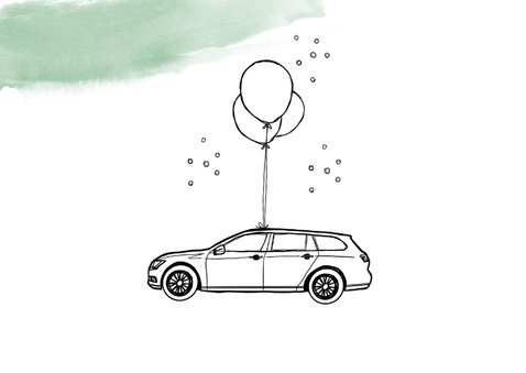 Feliciatiekaart algemeen met auto's ballonnen en waterverf 2