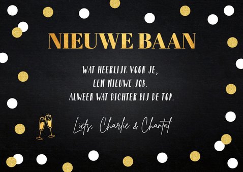 Felicitatie kaart nieuwe baan zwart goudlook dots confetti 3