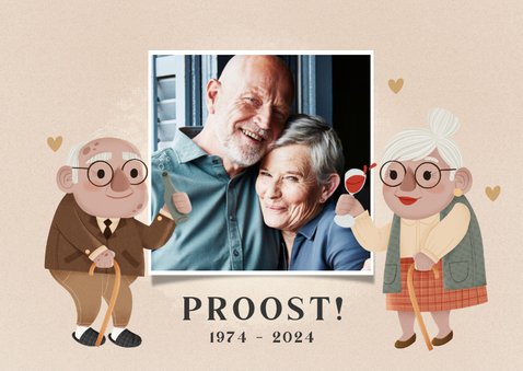 Felicitatiekaart 50 jaar getrouwd 'proost' met 2 oudjes 2