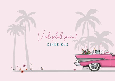 Felicitatiekaart amerikaanse auto met bruidspaar 3