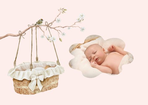 Felicitatiekaart geboorte meisje rotan wiegje met baby. 2