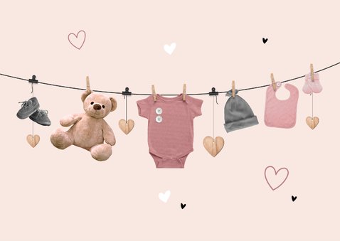 Felicitatiekaart geboorte meisje waslijn kleertjes teddybeer 2