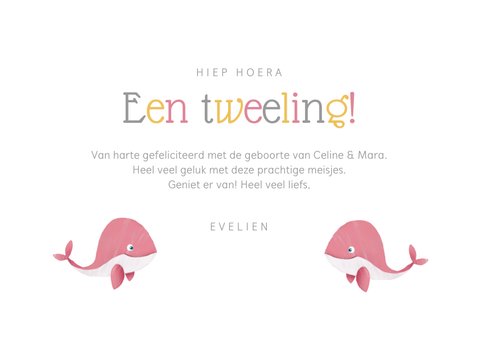 Felicitatiekaart geboorte tweeling meisjes walvissen hartjes 3