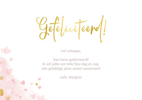 Felicitatiekaart gefeliciteerd met roze en gouden hartjes 3