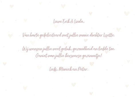 Felicitatiekaart 'Hoera een meisje' met hartjes en waterverf 3