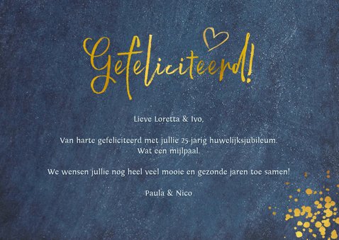Felicitatiekaart huwelijksjubileum - stijlvol blauw met goud 3