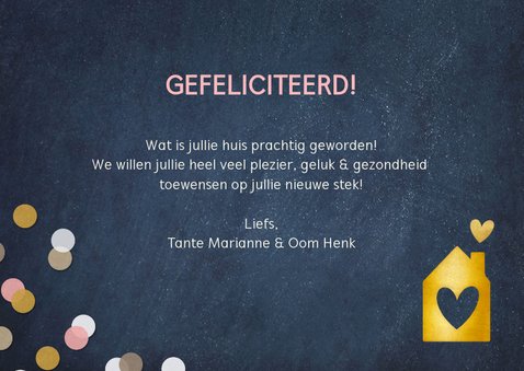 Felicitatiekaart nieuw huis met confetti en gouden letters 3