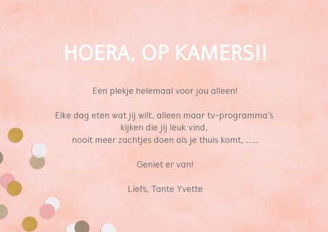 Felicitatiekaart op kamers met confetti voor een meisje 3