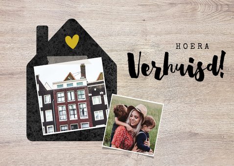 Felicitatiekaart verhuisd met huisje, foto's en hout 2