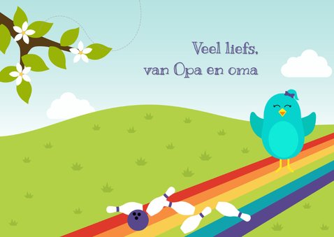 Felicitatiekaart voor kind met vogeltje op bowlingbaan 3