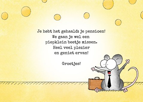 Felicitatiekaart voor pensioen met muisjes in een kaas 3