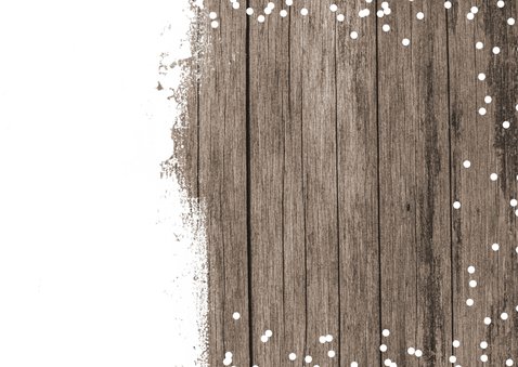 Foto kerstkaart 2026 label op hout sneeuw Achterkant