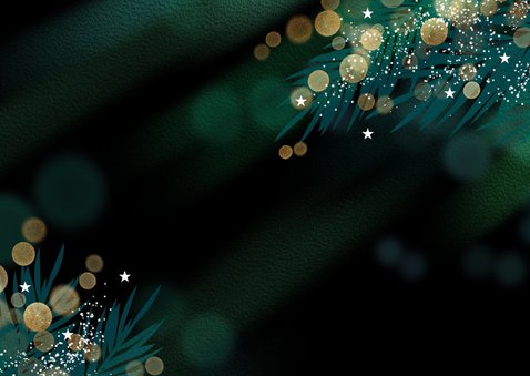 Foto kerstkaart stijlvolle groene kerstsfeer met goud licht Achterkant