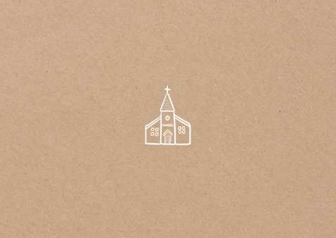 Fotokaart communie met lijntekening van kerkje op kraft Achterkant